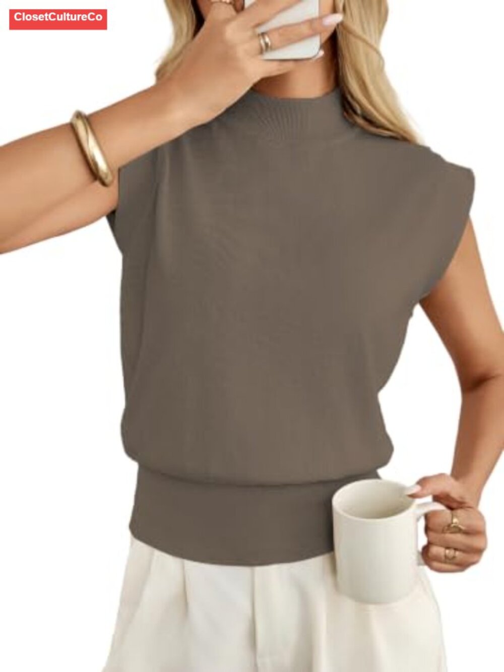 Women's Mock Neck Sweater Vest Cinched Waist Cap Sleeve Knit Top